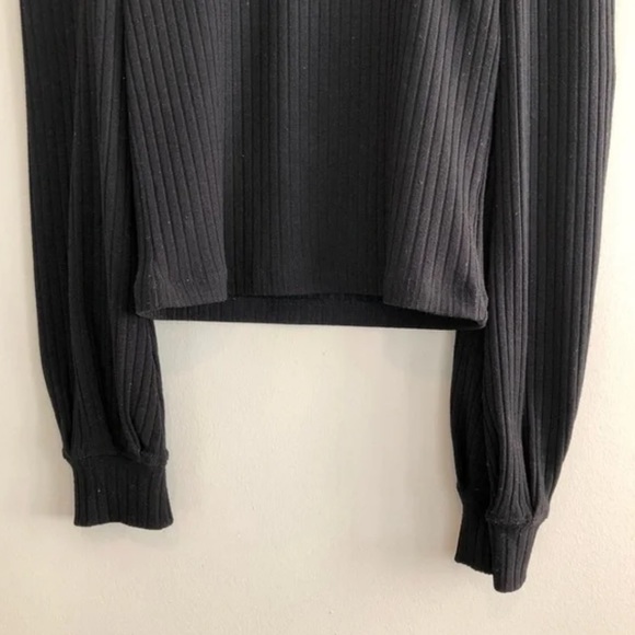Monk & Lou Ribbed Knitted Knit Puff Long Sleeve Comfy Crop Top Shirt Black - Picture 4 of 7